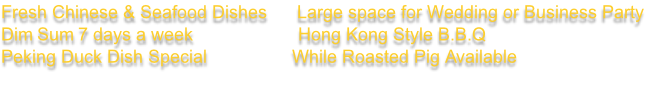 Fresh Chinese & Seafood Dishes      Large space for Wedding or Business Party   Dim Sum 7 days a week                     Hong Kong Style B.B.Q  Peking Duck Dish Special                 While Roasted Pig Available